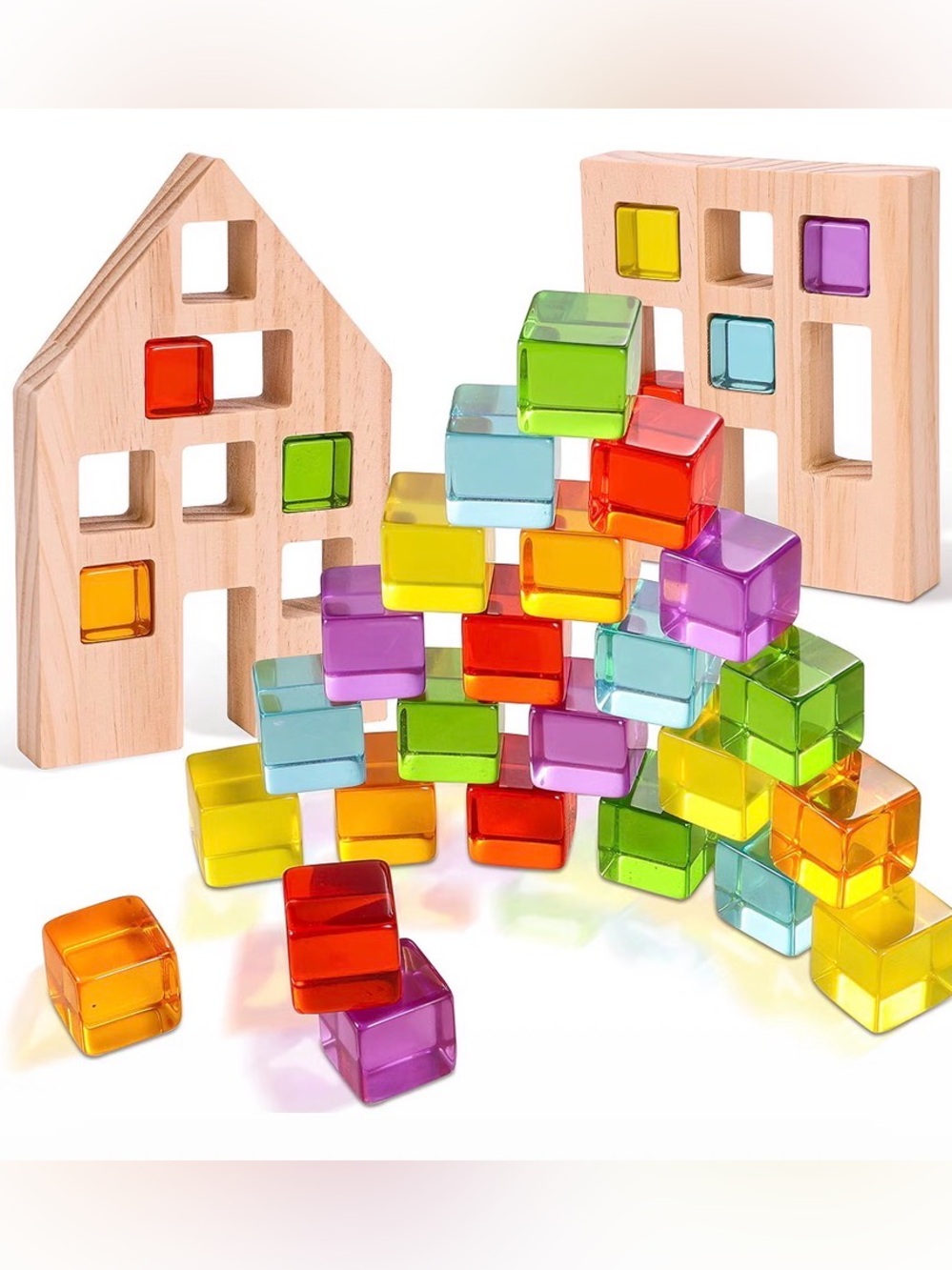 Wooden Playset Multicolored Translucent Blocks Montessori house Kids toy